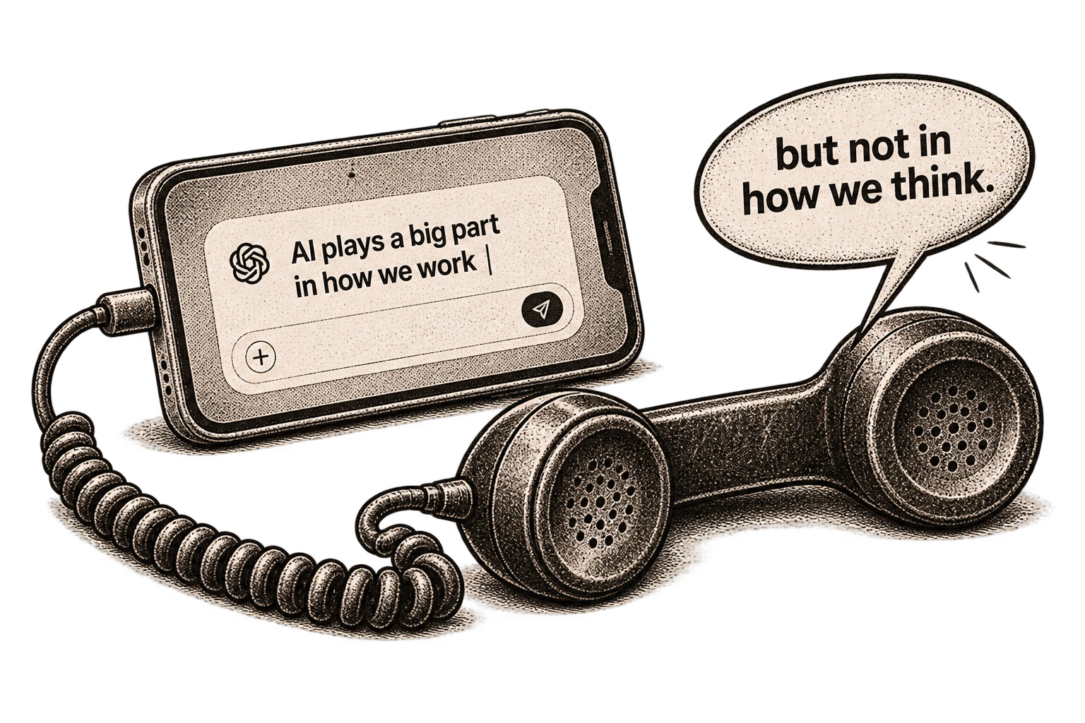An illustration of a phone with an AI chat prompt reading 'AI plays a big part in how we work', next to a vintage telephone handset with a speech bubble saying 'but not in how we think.'