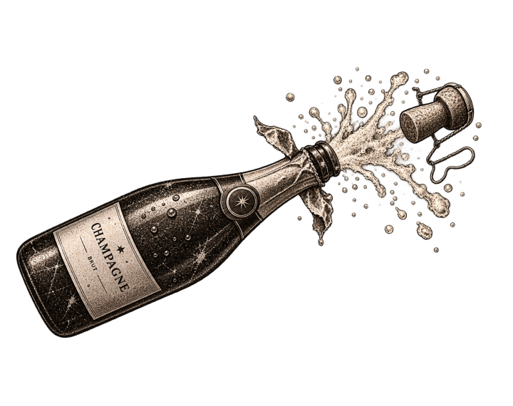 An illustration of a champagne bottle popping its cork.