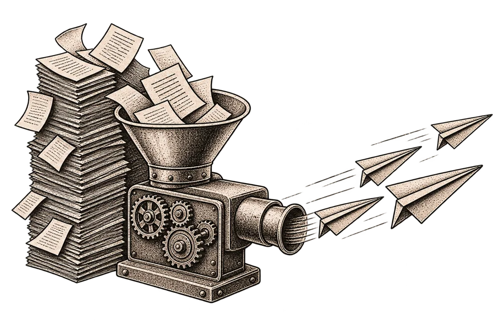 An illustration of a machine grinding stacks of paper into paper airplanes.