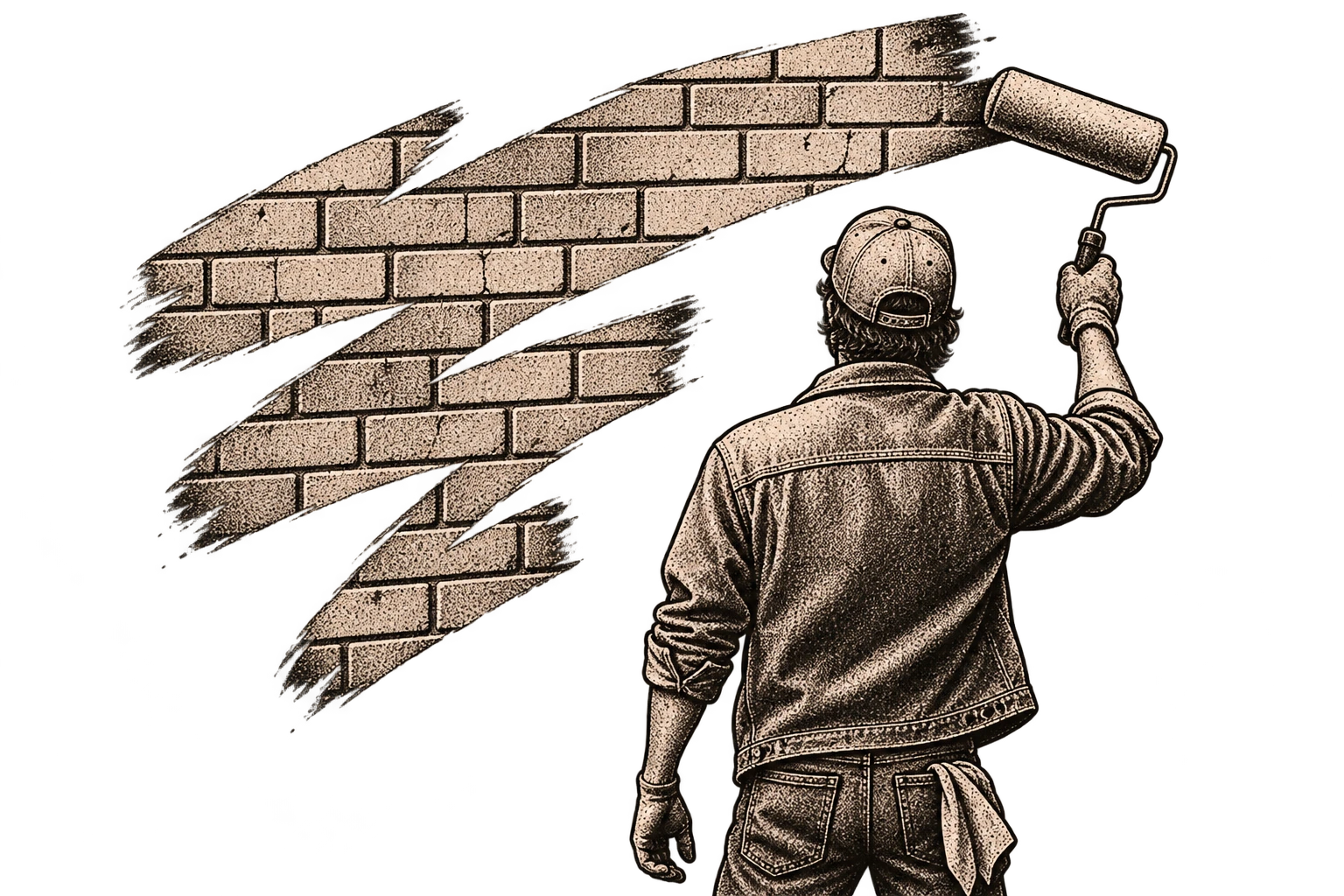 An illustration of a person painting a brick wall pattern onto a blank surface with a paint roller.
